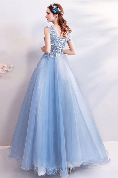 V Neck Open Back Blue Lace Long Prom Dresses, Blue Lace Formal Dresses, Blue Evening Dresses