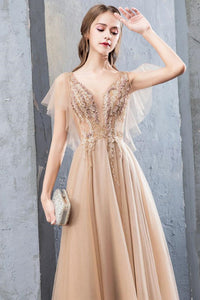 V Neck Open Back Champagne Lace Long Prom Dresses, Champagne Lace Formal Dresses, Champagne Evening Dresses