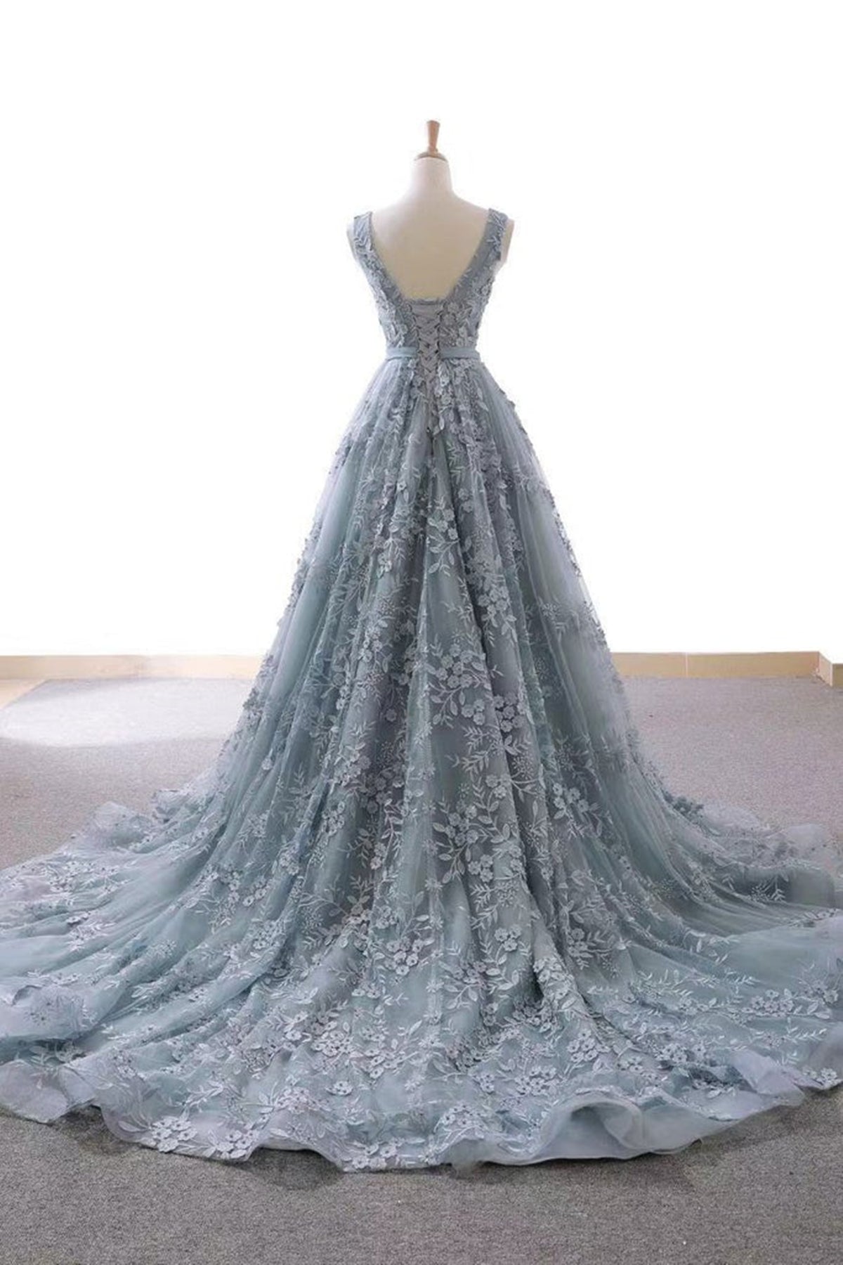 V Neck Open Back Gray Lace Long Prom Dresses, V Neck Gray Formal Dress – Lwt Dress