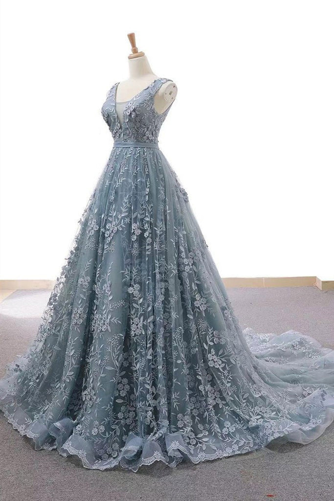 V Neck Open Back Gray Lace Long Prom Dresses, V Neck Gray Formal Dress Lwt Dress V Neck Open Back Gray Lace Long Prom Dresses, V Neck Gray Formal Dress Lwt Dress