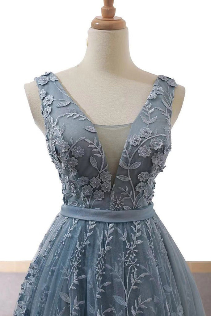 V Neck Open Back Gray Lace Long Prom Dresses, V Neck Gray Formal Dress Lwt Dress V Neck Open Back Gray Lace Long Prom Dresses, V Neck Gray Formal Dress Lwt Dress