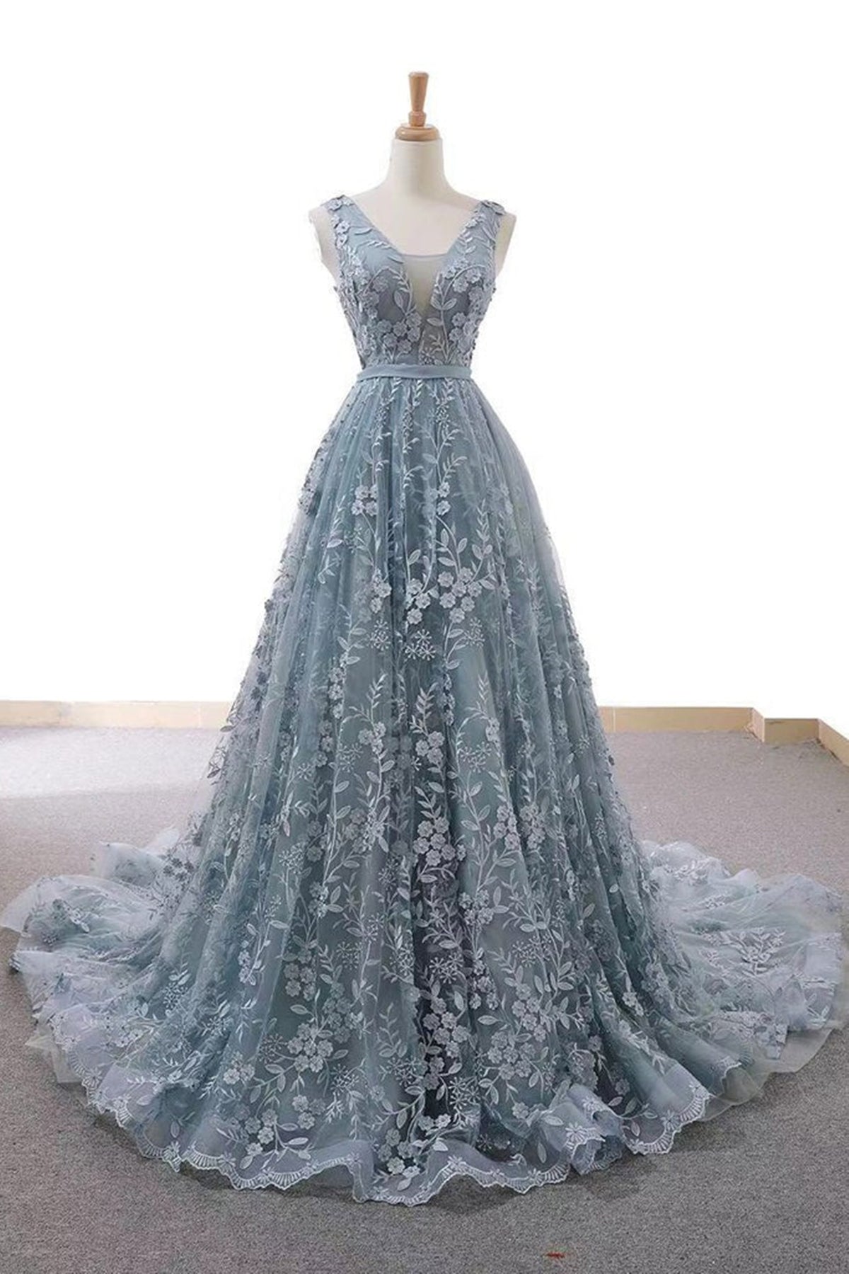 V Neck Open Back Gray Lace Long Prom Dresses, V Neck Gray Formal Dress Lwt Dress V Neck Open Back Gray Lace Long Prom Dresses, V Neck Gray Formal Dress Lwt Dress
