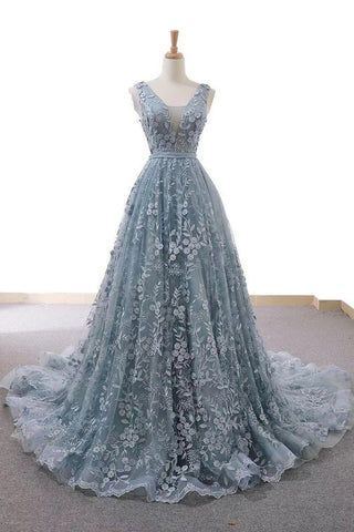 V Neck Open Back Gray Lace Long Prom Dresses, V Neck Gray Formal Dresses, Gray Lace Evening Dresses