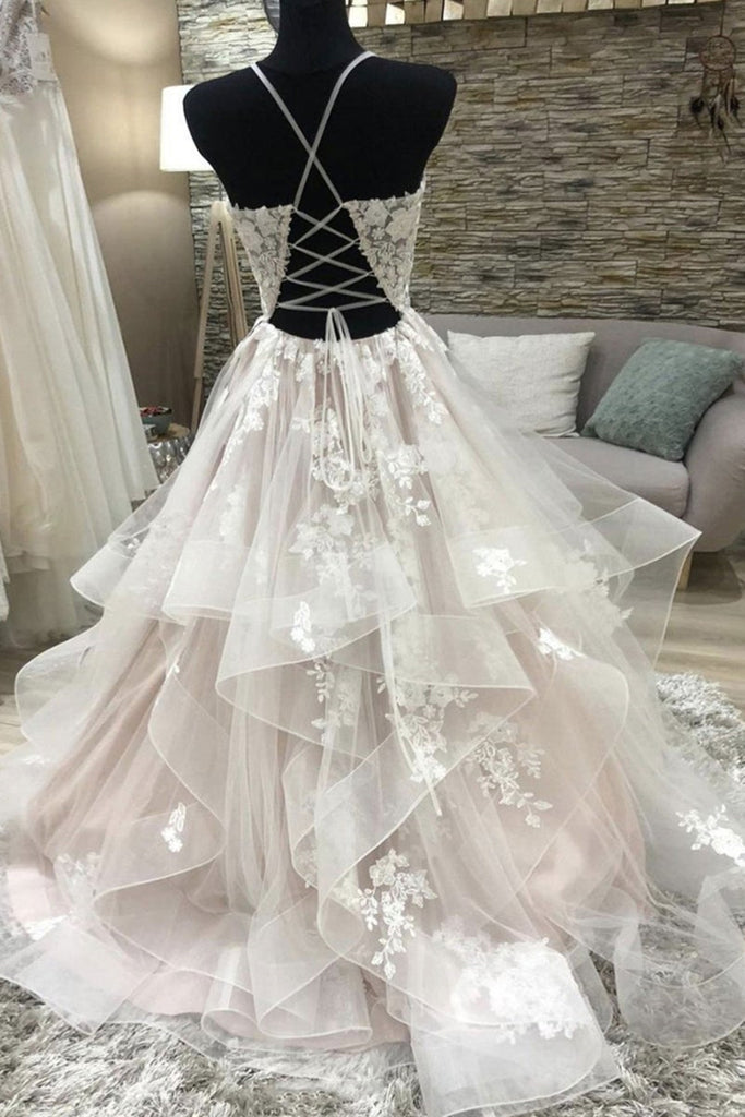 V Neck Open Back Ivory Lace Champagne Long Prom Dresses, V Neck Ivory Lwt Dress V Neck Open Back Ivory Lace Champagne Long Prom Dresses, V Neck Ivory Lwt Dress