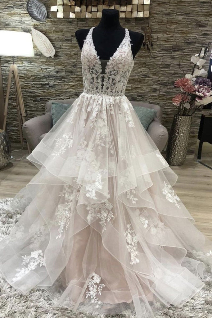 V Neck Open Back Ivory Lace Champagne Long Prom Dresses, V Neck Ivory Lwt Dress V Neck Open Back Ivory Lace Champagne Long Prom Dresses, V Neck Ivory Lwt Dress