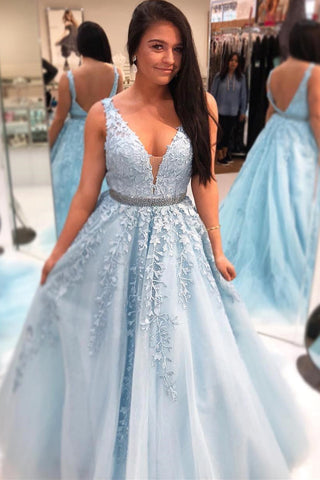 V Neck Open Back Light Blue Lace Long Prom Dresses with Belt, V Neck Light Blue Formal Dresses, Light Blue Lace Evening Dresses