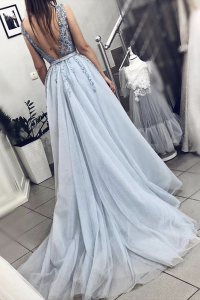 V Neck Open Back Light Blue Tulle Beaded Long Prom Dresses, V Neck Light Blue Formal Dresses, Beaded Light Blue Evening Dresses