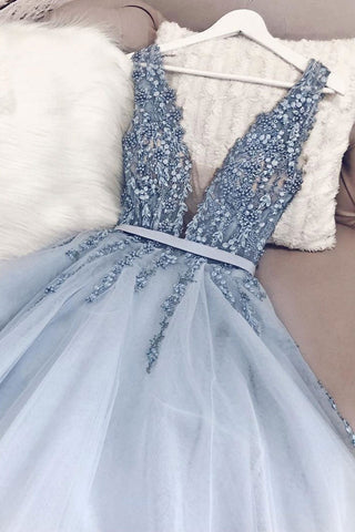 V Neck Open Back Light Blue Tulle Beaded Long Prom Dresses, V Neck Light Blue Formal Dresses, Beaded Light Blue Evening Dresses