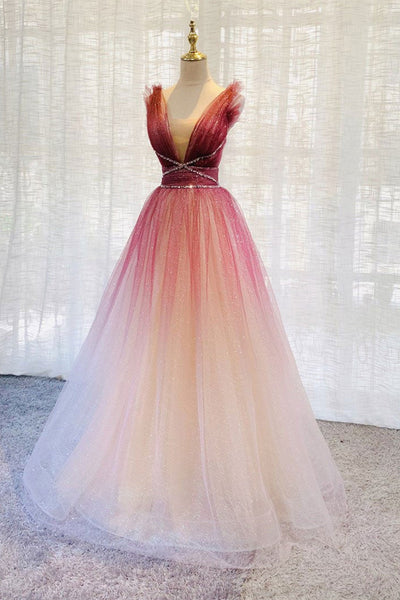 V Neck Open Back Ombre Tulle Long Prom Dresses with Belt, V Neck Beaded Ombre Formal Evening Dresses