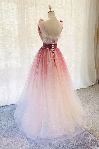 V Neck Open Back Ombre Tulle Long Prom Dresses with Belt, V Neck Beaded Ombre Formal Evening Dresses