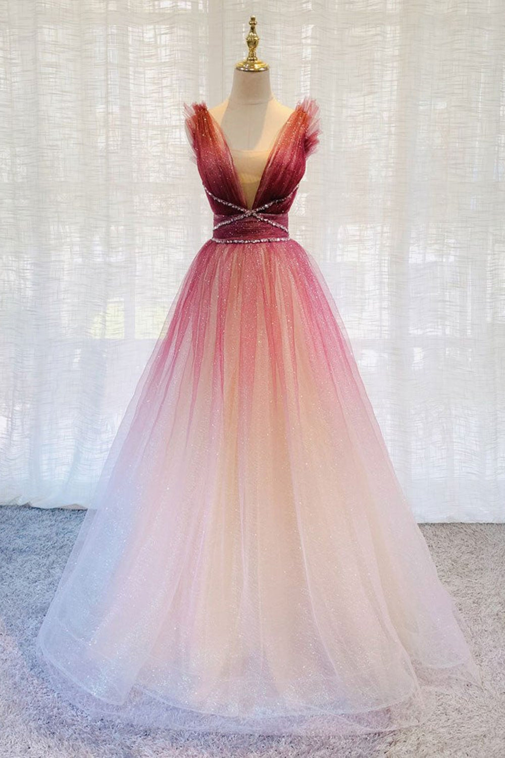 V Neck Open Back Ombre Tulle Long Prom Dresses with Belt, V Neck Beaded Ombre Formal Evening Dresses