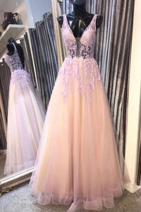 V Neck Open Back Pink Lace Long Prom Dresses, V Neck Pink Formal Dresses, Pink Lace Evening Dresses