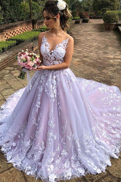 V Neck Open Back Purple Lace Long Prom Dresses, Purple Lace Wedding Dresses with Train, Purple Formal Evening Dresses