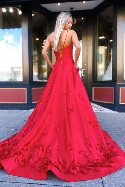 V Neck Open Back Red Satin Floral Long Prom Dresses, V Neck Red Floral Formal Dresses, Red Evening Dresses