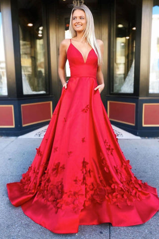 V Neck Open Back Red Satin Floral Long Prom Dresses, V Neck Red Floral Formal Dresses, Red Evening Dresses