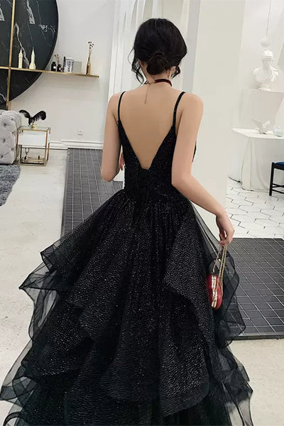 V Neck Open Back Shiny Tulle Black Prom Dresses, Long Black Tulle Formal Graduation Evening Dresses WT1013