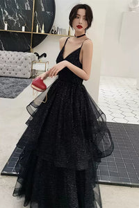 V Neck Open Back Shiny Tulle Black Prom Dresses, Long Black Tulle Formal Graduation Evening Dresses WT1013