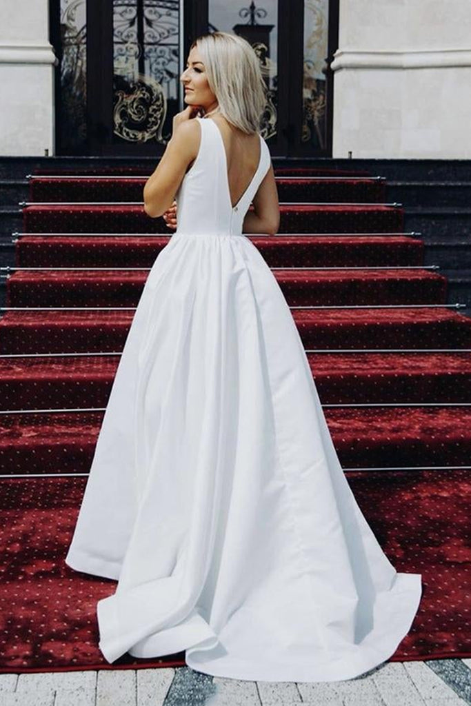 V Neck Open Back White Satin Long Prom Dresses, V Neck White Formal Gr Lwt Dress V Neck Open Back White Satin Long Prom Dresses, V Neck White Formal Gr Lwt Dress