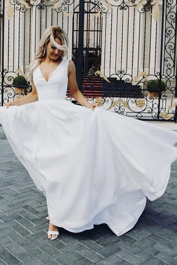 V Neck Open Back White Satin Long Prom Dresses, V Neck White Formal Gr Lwt Dress V Neck Open Back White Satin Long Prom Dresses, V Neck White Formal Gr Lwt Dress