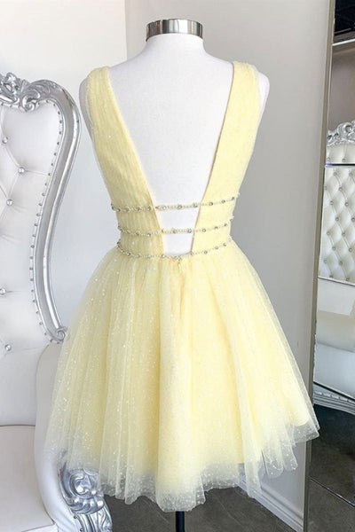 V Neck Open Back Yellow Tulle Short Prom Dresses, V Neck Yellow Homecoming Dresses, Yellow Formal Evening Dresses