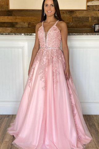 V Neck Pink Lace Prom Dresses, Pink Lace Long Formal Graduation Dresses