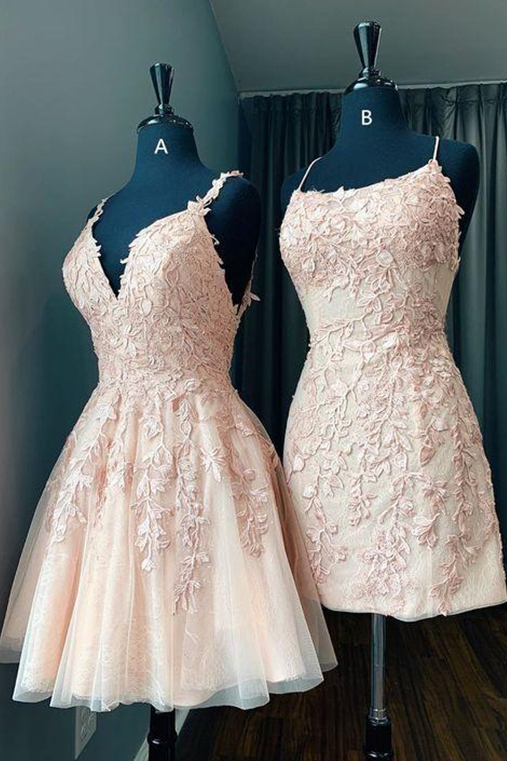 pink lace prom dress short Tie Back Appliqued Sheath Pink Short Prom Dress Homecoming Dress Custom Size / Pink