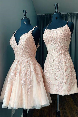 V Neck Pink Lace Short Prom Homecoming Dresses, Pink Lace Formal Dresses, Short Pink Evening Dresses