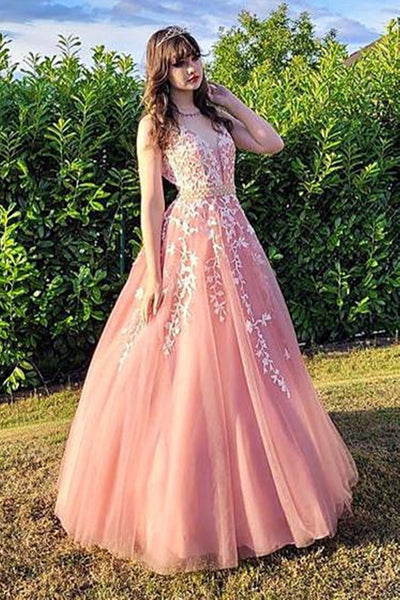 V Neck Pink Lace Tulle Long Prom Dresses with Belt, Pink Lace Formal Dresses, Pink Evening Dresses WT1023