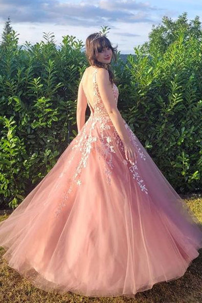 V Neck Pink Lace Tulle Long Prom Dresses with Belt, Pink Lace Formal Dresses, Pink Evening Dresses WT1023