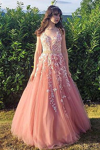 V Neck Pink Lace Tulle Long Prom Dresses with Belt, Pink Lace Formal Dresses, Pink Evening Dresses WT1023