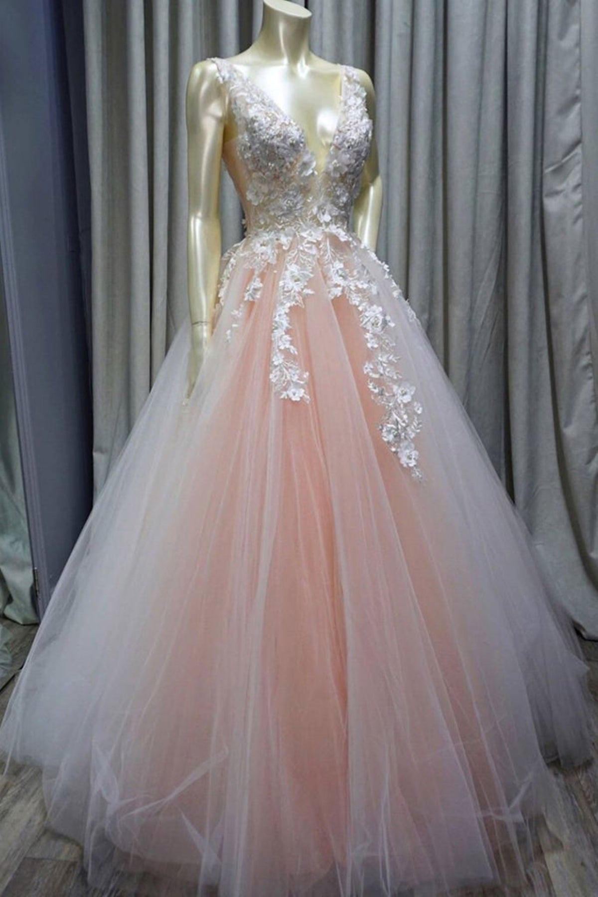 V Neck Pink Tulle Beaded Long Prom Dresses with White Lace Appliques, V Neck Pink Lace Formal Dresses, Pink Evening Dresses