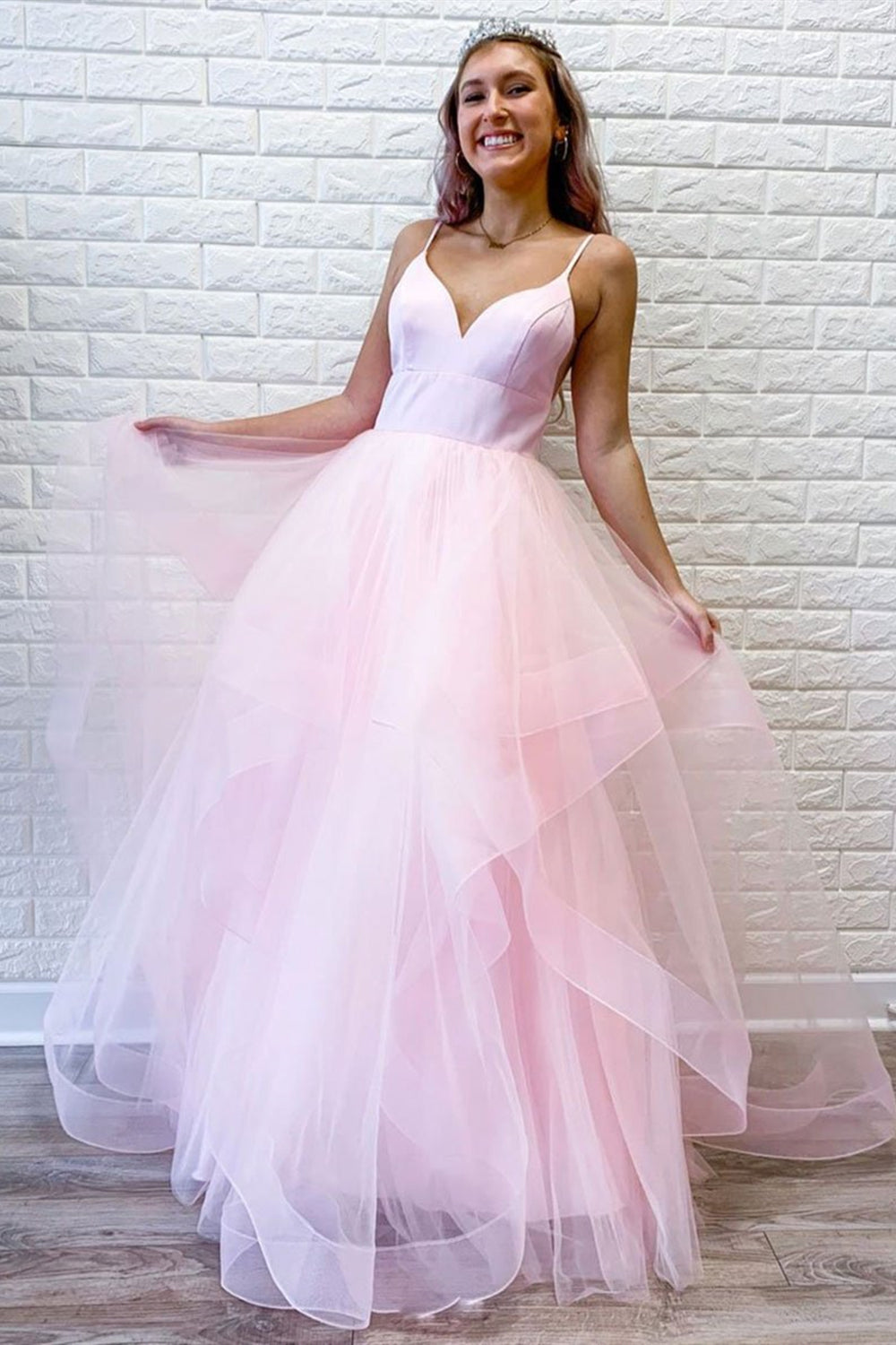 V Neck Pink Tulle Puffy Long Prom Dresses, Pink Tulle Formal Dresses, Pink Evening Dresses