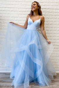 V Neck Puffy Tulle Blue Long Prom Dresses, V Neck Blue Formal Dresses, Blue Evening Dresses