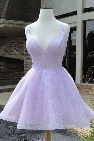V Neck Purple Lace Short Prom Dresses, V Neck Lilac Homecoming Dresses, Purple Lace Formal Evening Dresses