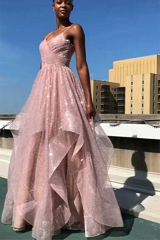 V Neck Rose Gold Ruffle Prom Dresses, Rose Gold Ruffle Long Formal Graduation Dresses