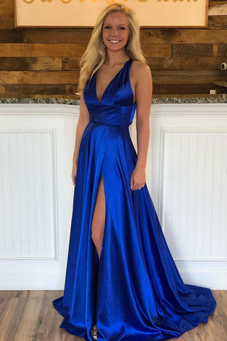 V Neck Royal Blue Satin Long Prom Dresses with High Slit, Royal Blue Formal Graduation Evening Dresses with Cross Back