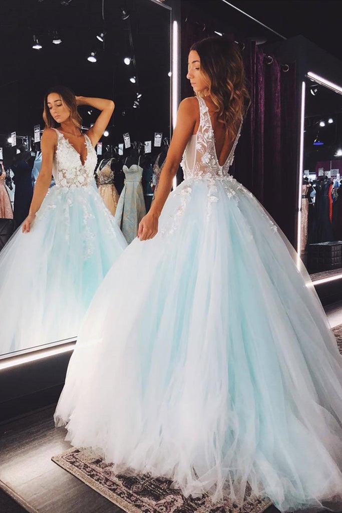 V Neck Teal Lace Floral Long Prom Dresses, Teal Lace Formal Evening Dr
