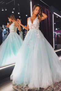 V Neck Teal Lace Floral Long Prom Dresses, Teal Lace Formal Evening Dresses with 3D Flowers
