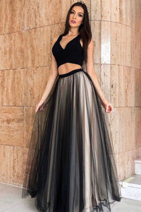 V Neck Two Pieces Black Long Prom Dresses, 2 Pieces Black Formal Dresses, Black Evening Dresses