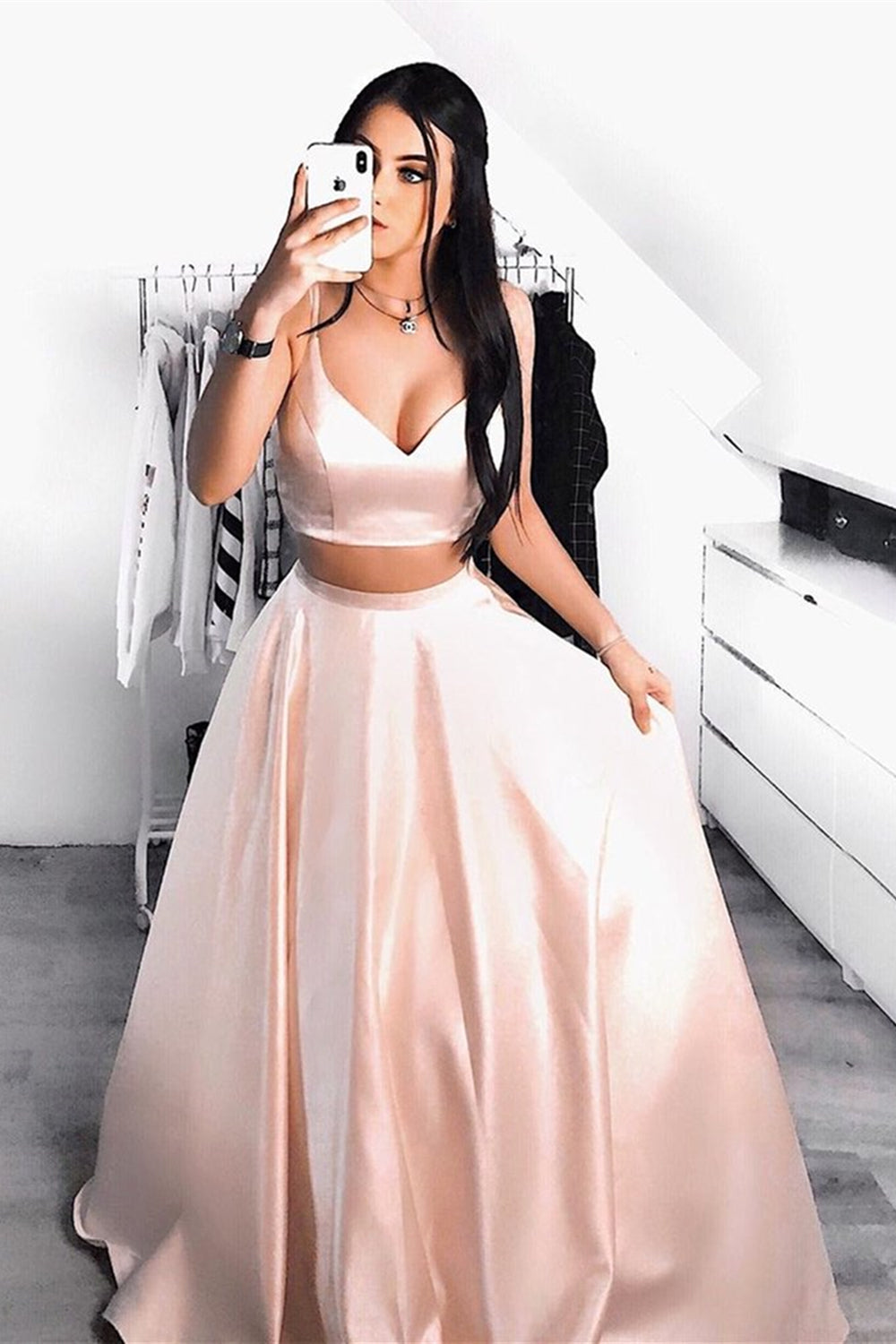 V Neck Two Pieces Pink Satin Long Prom Dresses, 2 Pieces Pink Formal Graduation Evening Dresses