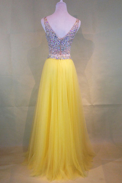 V Neck Two Pieces Yellow Tulle Long Beaded Prom Dresses, 2 Pieces Beaded Yellow Formal Dresses, Yellow Evening Dresses