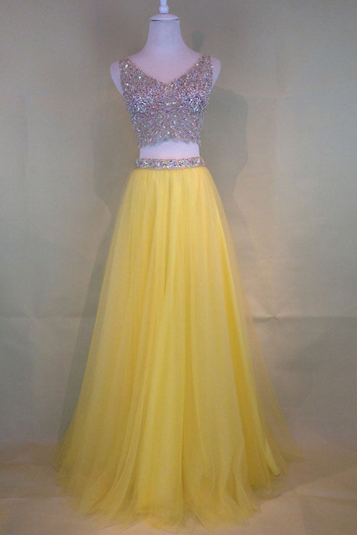 V Neck Two Pieces Yellow Tulle Long Beaded Prom Dresses, 2 Pieces Beaded Yellow Formal Dresses, Yellow Evening Dresses