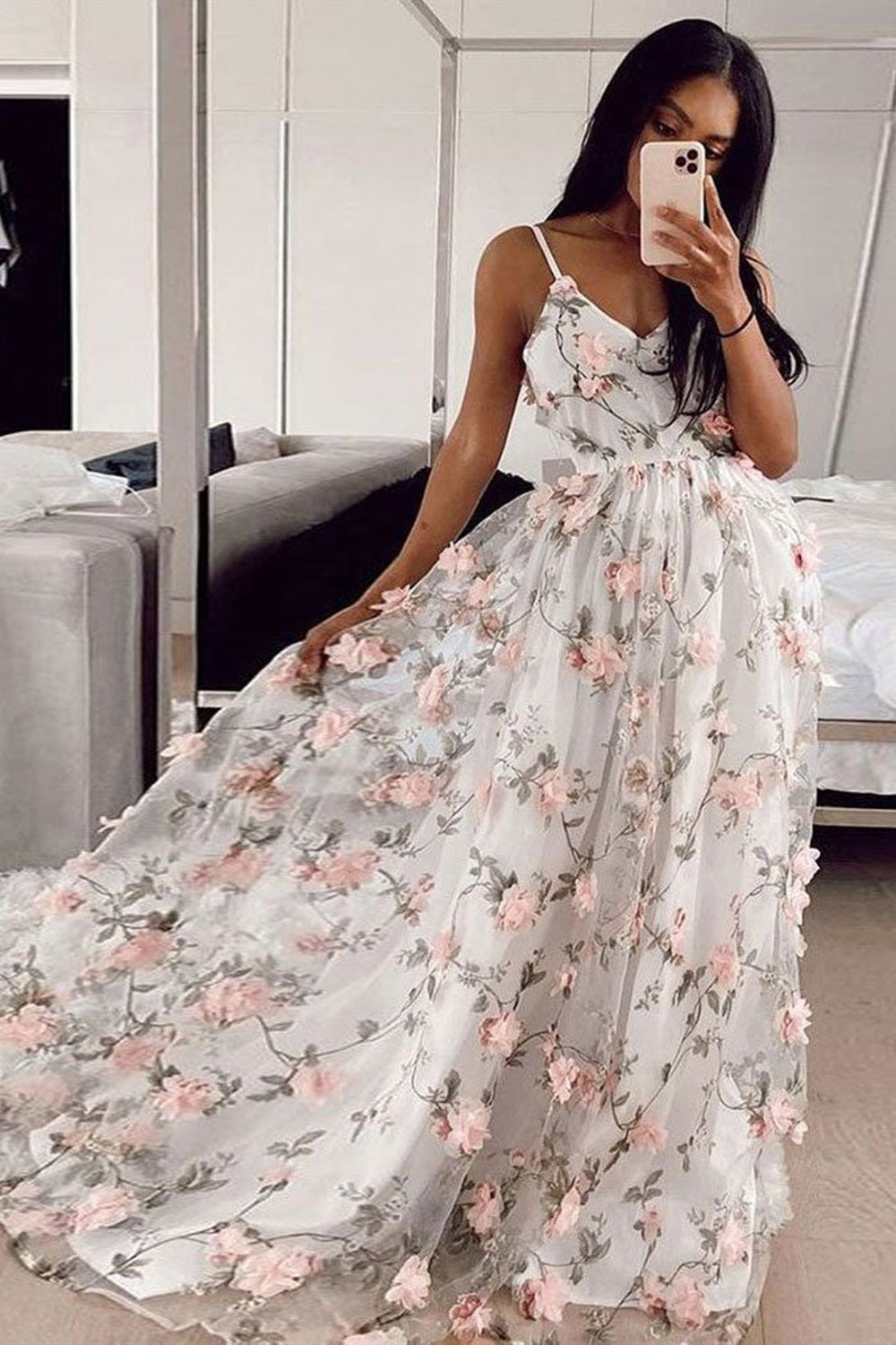 V Neck White Long Prom Dresses with 3D Flowers, White Floral Long Formal Evening Dresses