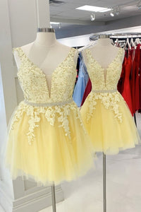 V Neck Yellow Lace Short Prom Dresses with Belt, Yellow Lace Homecoming Dresses, Short Yellow Formal Evening Dresses