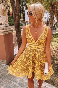V Neck Yellow Lace Short Prom Homecoming Dresses, Yellow Lace Formal Graduation Evening Dresses
