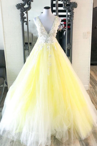 V Neck Yellow Tulle Long Prom Dresses with Lace Appliques, Yellow Lace Floral Formal Evening Dresses