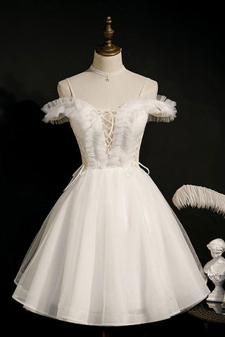 White Lace Cute Off Shoulder Short Prom Dresses, White Lace Homecoming Dresses, Short White Formal Evening Dresses WT1055