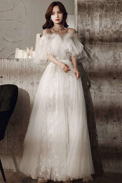 White Lace Off Shoulder Long Prom Dresses, Ivory Lace Formal Dresses, Lwt Dress White Lace Off Shoulder Long Prom Dresses, Ivory Lace Formal Dresses, Lwt Dress