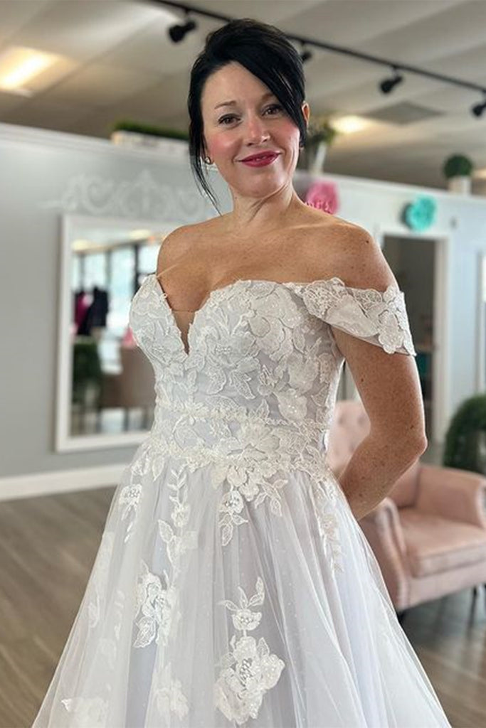 White Lace Off Shoulder Long Prom Wedding Dresses with Train, White La Lwt Dress White Lace Off Shoulder Long Prom Wedding Dresses with Train, White La Lwt Dress