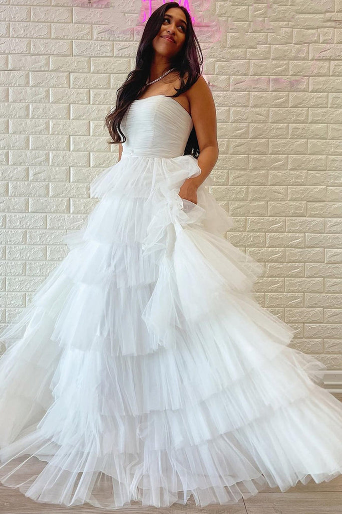 White/Purple/Black/Hot Pink Tulle Strapless Layered Long Prom Dresses, Lwt Dress White/Purple/Black/Hot Pink Tulle Strapless Layered Long Prom Dresses, Lwt Dress